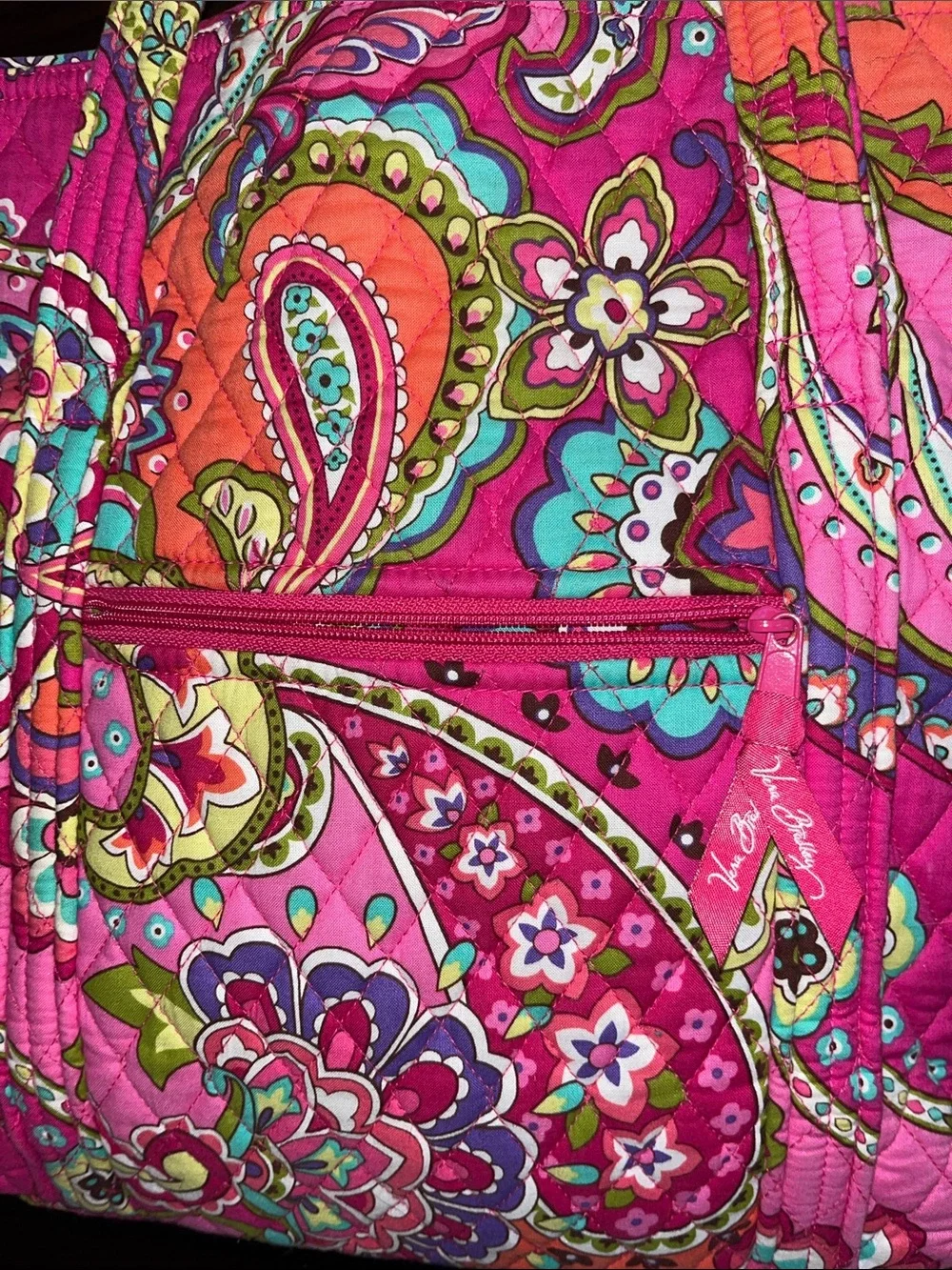 Vera Bradley Hot Pink Paisley Quilted Tote with Teal & Orange Accents - Picture 3 of 6